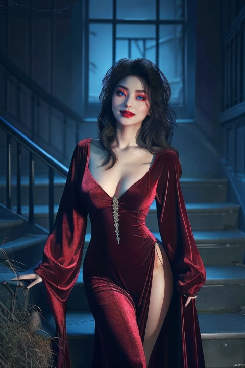  Step into a realm of dark allure with a bewitching sorceress in a velvet crimson gown that clings to her every curve, accentuating her sensual form. With glowing eyes that seem to pierce the soul and a seductive smile, she enchants all who dare to gaze upon her beauty.