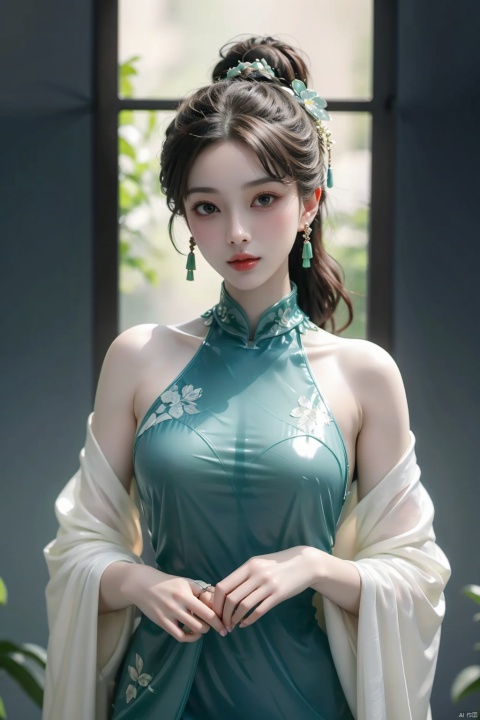 masterpiece, best quality, ice, A girl, silk, cocoon, spider web, Solo, Complex Details, Color Differences, Realistic, (Moderate Breath), Green Eyes, Earrings, Sharp Eyes, Perfect Fit, Choker, Dim Lights, cocoon, transparent, jiBeauty, Ink scattering_Chinese style, hydress-hair ornaments