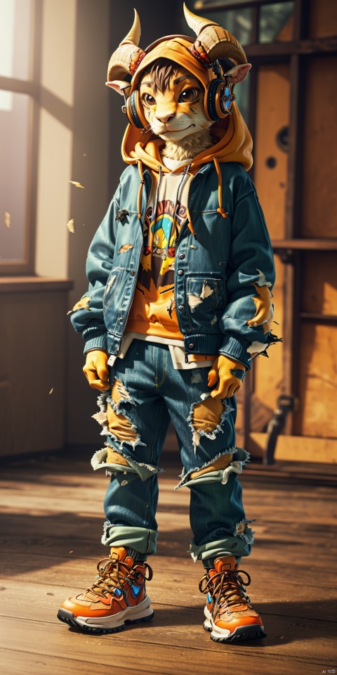 extremely detailed CG unity8 k wallpaper,masterpiece,best quality,ultra-detailed,
3D, solo, jacket, furry, 1boy, male focus, headphones, furry male, hood, pants, blurry background, standing, shoes, torn clothes, shirt, hoodie, full body, orange jacket, animal ears, sneakers, blurry, looking at viewer, horns, torn pants