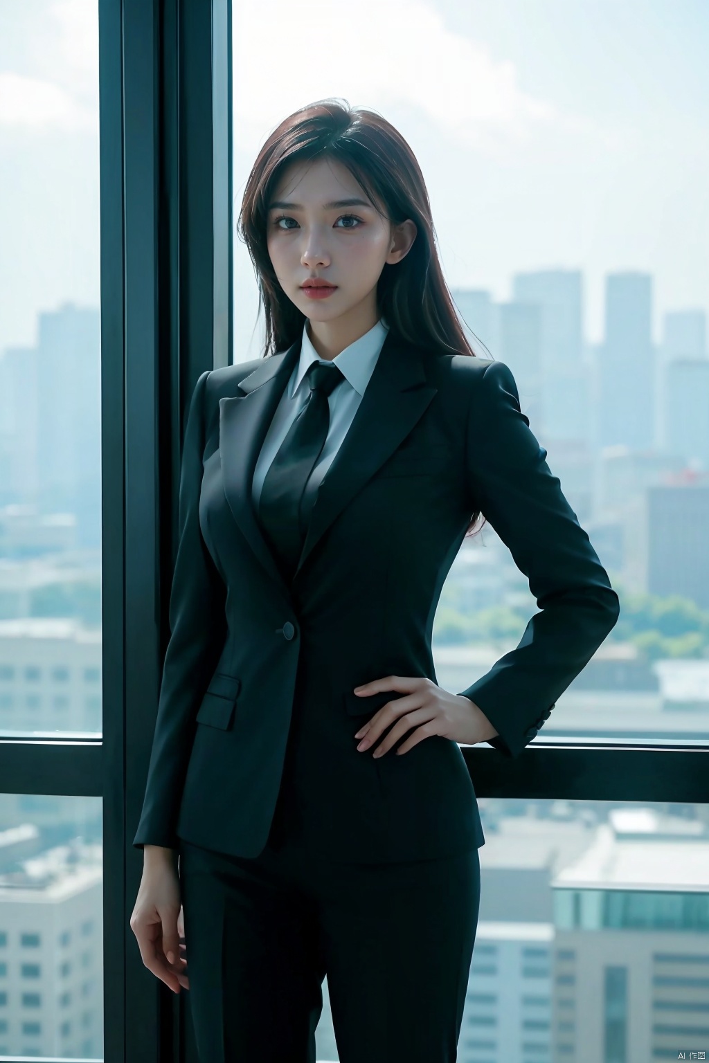 Modern businesswoman, dressed in a sleek suit and tie, posing confidently in a modern office setting, cityscape view through the window, focused expression, powerful pose, professional attire, realistic lighting, sharp focus.
