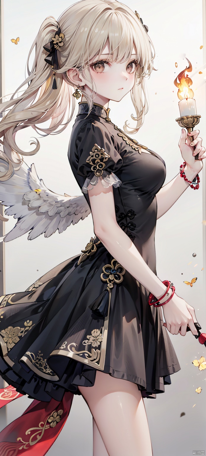 (\shen ming shao nv\), 1girl, solo, wings, long hair, dress, short sleeves, feathered wings, from side, breasts, looking at viewer, blonde hair, jewelry, bracelet, black dress, puffy sleeves, floating hair, puffy short sleeves, bangs, medium breasts, brown eyes, closed mouth, light particles, fire, backlighting