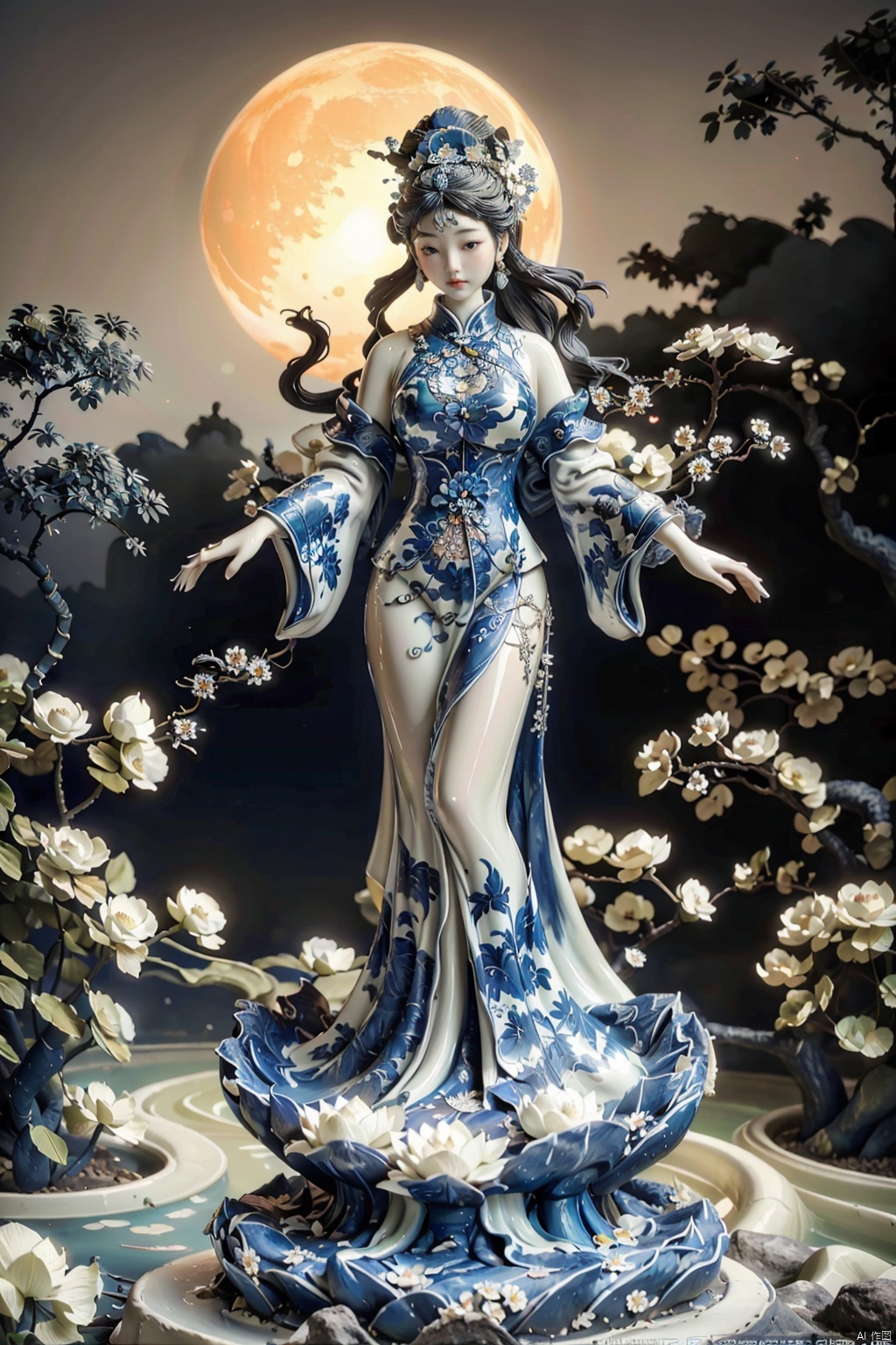 Lunar Goddess Pavilion: Amidst a luminescent bamboo grove, stands a towering Moon Goddess statue, her eight arms outstretched, each holding a celestial orb. The statue, crafted from qinghuaci porcelain with a shimmering glaze, seems to glow under the moonlight. Lotus flowers float in a tranquil pond nearby, mirroring the statue's serenity.
