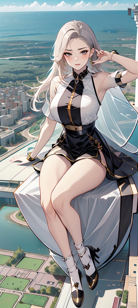 A captivating giantess, sitting on a city bridge, her legs dangling over the edge as she watches the traffic below. Her peaceful expression and serene demeanor make her seem like a gentle giant, observing the city with a sense of wonder.