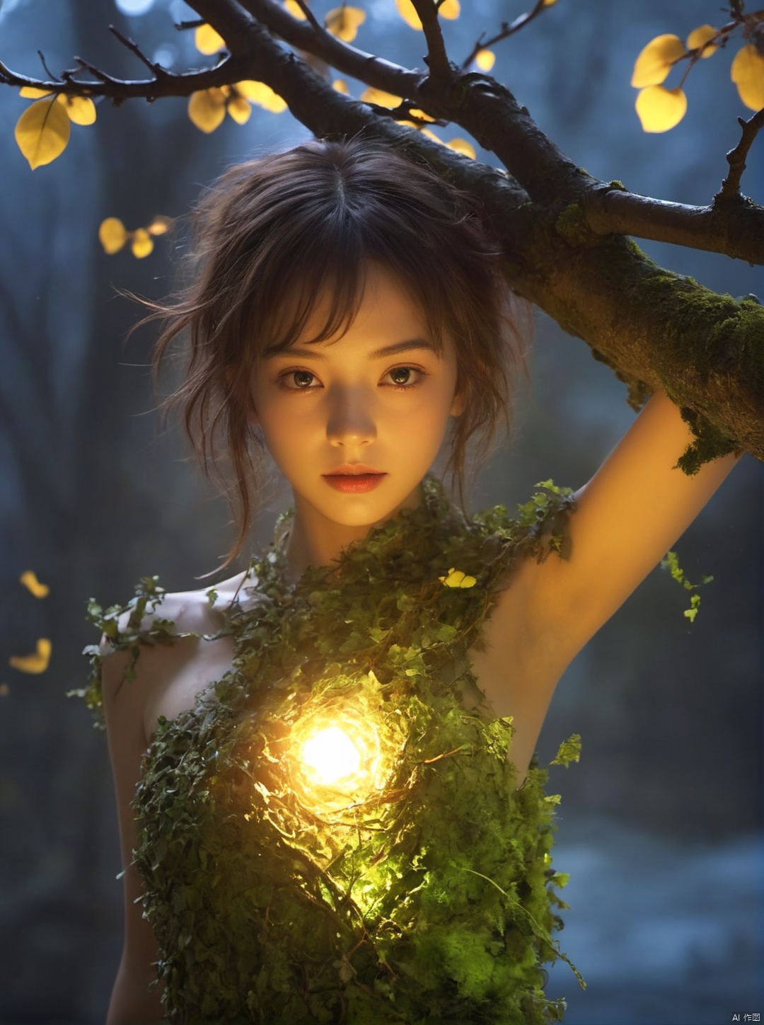 excellent lighting, super detail, depth of field, science fiction, colorful, masterpiece, best quality, ((high saturation)),((ultra-detailed)), Fujifilm, depressed, (Obsidian and Ruby),(Cyberpunk Treeman), (Treegirl), metal leaves, wired branches, glowing light eyes, mechanical bark, with moss-covered bark, tendrils extending from the body, Neon lights on the body, (Lightning around branches and leaves), (Tabebuia chrysantha), Soft and delicate petals, ultra fine, (realistic, photo realistic, (photo realistic:1.5)), wind, fire, electricity, glowing, 1girl