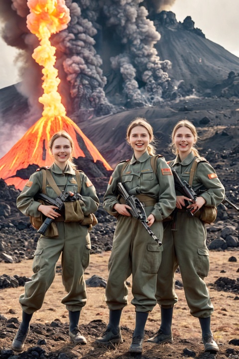  (masterpiece, best quality), (ultra detailed, 8K, ultra highres:1.2), three beautiful Russian female soldiers, young, slim, (cinematic composition), blush, happy smile, dramatic lighting, wearing heat-resistant uniforms, holding flamethrowers, standing in front of a volcanic eruption, looking towards the camera with a sense of awe and excitement.