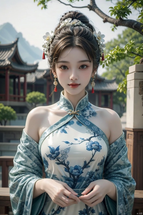  best quality, masterpiece,cowboy_shot,(Good structure),,a girl,xianjing,Off-the-shoulder, bust photo,upper body,Hanfu, Cloud, Smoke,branch,flower, smile,Gaze at the audience, Ink scattering_Chinese style, ((poakl)), ,looking_at_viewer,kind smile, wangzuxian, chinese dress,white dress