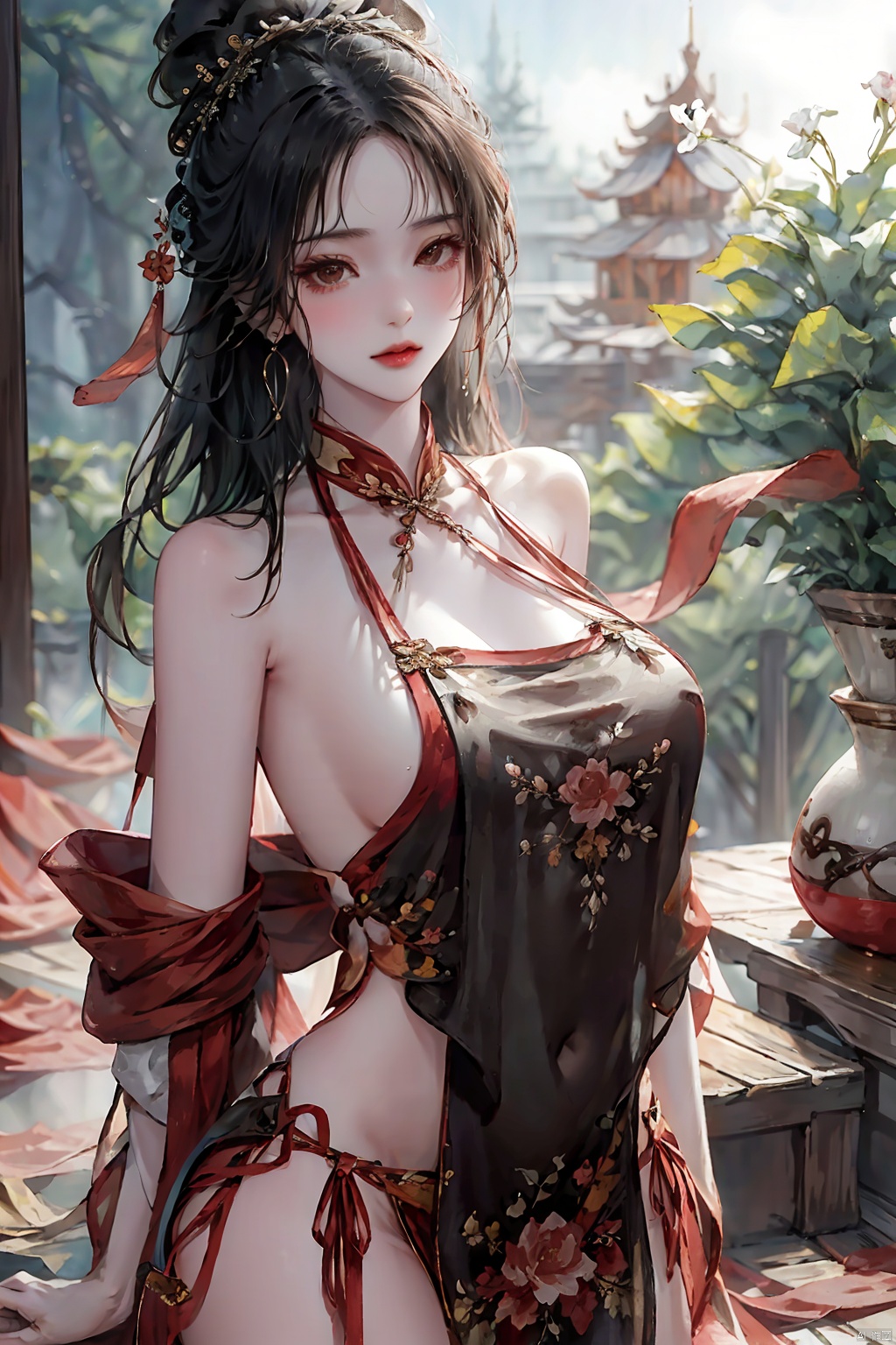  tyqp, 1girl, solo, jewelry, earrings, dress, long hair, blurry, floral print, blurry background, sleeveless, brown eyes, looking at viewer, red lips, brown hair, outdoors, black hair, arms at sides, sleeveless dress, breasts, china dress, chinese clothes, print dress, lips, white dress, upper body, Ink painting, shidudou