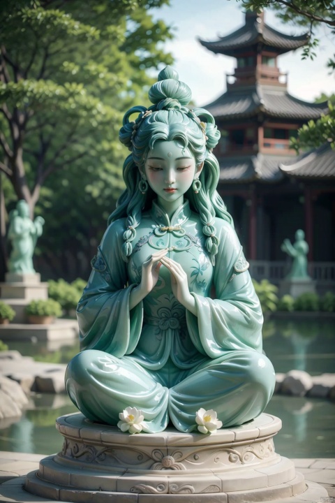 Astral Meditation Garden:Giant ancient chinese statues,His vastness surpasses all buildings, Discover a serene garden designed for deep meditation and reflection. The garden is adorned with ancient symbols and statues representing celestial beings. Soft incense fills the air, enhancing the senses and promoting a state of inner peace. Sit among the intricate patterns etched in the ground and let the harmonious energy of the garden guide you on a journey of self-discovery., Giant Clan, GTS,qinghuaci, glaze, greendesign,1, nicehand