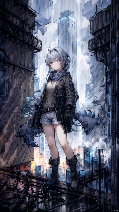 Background: Futuristic city skyline at dusk.
Theme: Cyberpunk Sniper
Description: Against a white background, a girl with grey hair and a messy low ponytail stands on a rooftop overlooking a futuristic city skyline at dusk. Her blue eyes show no emotion as she holds a gun in her hand. She wears an open orange coat over a white shirt, white shorts, and black boots. A grey scarf adds a touch of mystery to her attire. The shot is taken from a distant and wide angle, showcasing her full body as she takes aim from a sniper position.
