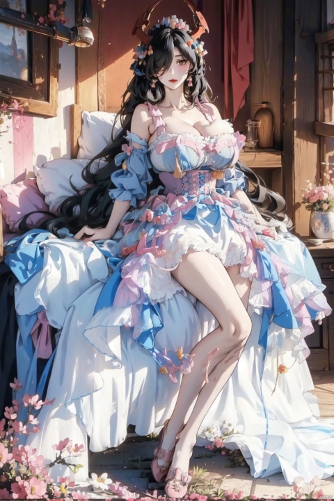  (masterpiece:1.2), best quality, friedrich der grosse \(azur lane\),mature female, hair over one eye,very long hair,black hair, twintails,solo,sexy,full body, (full body shot:1.2),(gigantic breasts:1.6),cleavage,wide hips, narrow waist, thickthighs,perfecter legs,perfecter finger,(longlegs:1.4),mf,bule bow,skirt,jewels,pink and blue dress,blue shoes, sweet_lolita,