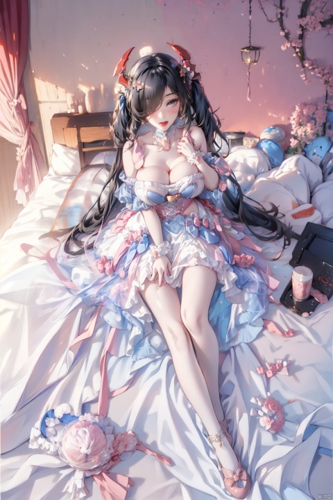  (masterpiece:1.2), best quality, friedrich der grosse \(azur lane\),mature female, hair over one eye,very long hair,black hair, twintails,solo,sexy,full body, (gigantic breasts:1.6),cleavage,wide hips, narrow waist, thickthighs,perfecter legs,perfecter finger,(longlegs:1.4),mf,bule bow,skirt,jewels,pink and blue dress,blue shoes, best ratio four fingers and one thumb,, sweet_lolita,pink thigh strap,pink ribbon, red anklet, yunbin
