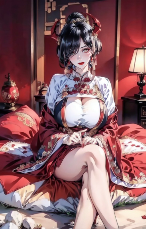  friedrich der grosse \(azur lane\),mature female, hair over one eye,very long hair,black hair,solo,sexy,full body,cleavage, (gigantic breasts:1.4),wide hips, narrow waist,,perfecter legs,perfecter finger,(longlegs:1.4),mf,red eyeshadow,Red and golden dress,tiara, (sitting on red bed), Blushing, Shy, Curtains, Earrings, Hair_decorations, interiors, jewelry, Redlip, (Red quilt), (red palace),red heels,sitting,