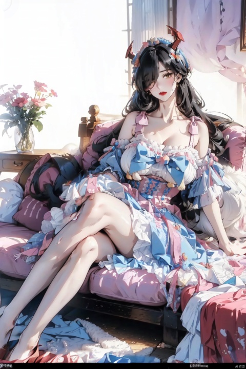  (masterpiece:1.2), best quality, friedrich der grosse \(azur lane\),mature female, hair over one eye,very long hair,black hair, twintails,very long legs,(longlegs:1.4),solo,sexy,full body, (full body shot:1.2),(gigantic breasts:1.6),cleavage,wide hips, narrow waist, thickthighs,perfecter legs,perfecter finger,(longlegs:1.4),mf,bule bow,skirt,jewels,pink and blue dress,blue shoes, sweet_lolita,