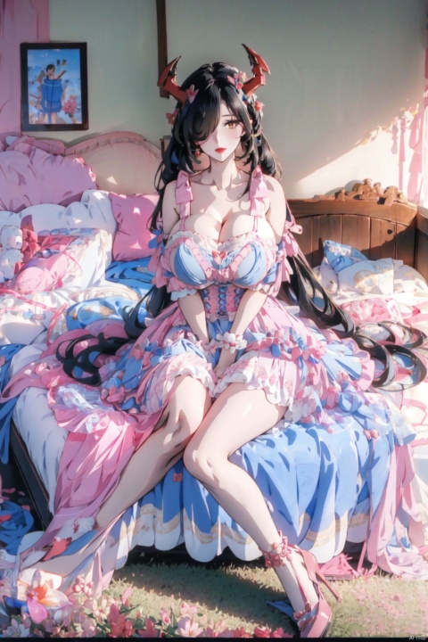  (masterpiece:1.2), best quality, friedrich der grosse \(azur lane\),red horns,mature female, hair over one eye,very long hair,black hair, twintails,solo,sexy,full body, (full body shot:1.2),(gigantic breasts:1.6),cleavage,wide hips, narrow waist,perfecter legs,perfecter finger,mf,bule bow,skirt,jewels,pink and blue dress,pink shoes, sweet_lolita,pink thigh strap,pink ribbon, red anklet,
