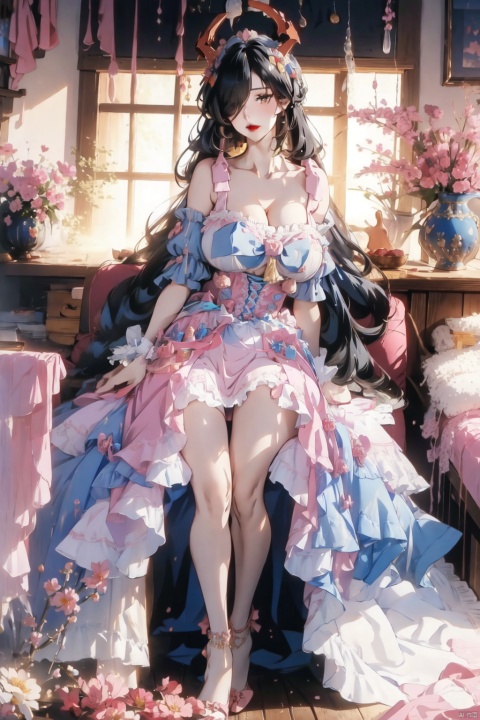  (masterpiece:1.2), best quality, friedrich der grosse \(azur lane\),mature female, hair over one eye,very long hair,black hair, twintails,solo,sexy,full body, (full body shot:1.2),(gigantic breasts:1.6),cleavage,wide hips, narrow waist, thickthighs,perfecter legs,perfecter finger,(longlegs:1.4),mf,bule bow,skirt,jewels,pink and blue dress,pink shoes, sweet_lolita,pink thigh strap,pink ribbon, red anklet,