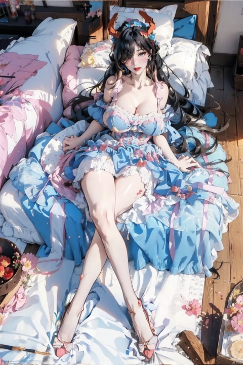 (masterpiece:1.2), best quality, friedrich der grosse \(azur lane\),mature female, hair over one eye,very long hair,black hair, twintails,very long legs,(longlegs:1.4),solo,sexy,full body, (full body shot:1.2),(gigantic breasts:1.6),cleavage,wide hips, narrow waist, thickthighs,perfecter legs,perfecter finger,(longlegs:1.4),mf,bule bow,skirt,jewels,pink and blue dress,blue shoes, sweet_lolita,sitting