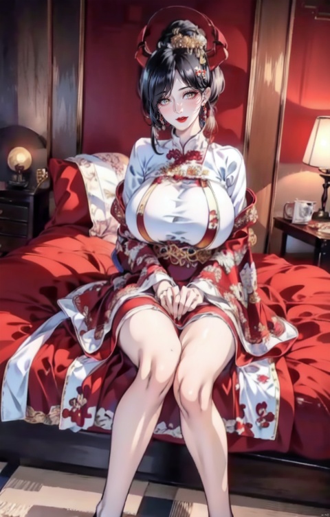  friedrich der grosse \(azur lane\),mature female, hair over one eye,very long hair,black hair,solo,sexy,full body,cleavage, (gigantic breasts:1.4),wide hips, narrow waist,,perfecter legs,perfecter finger,(longlegs:1.4),mf,red eyeshadow,Red and golden dress,tiara, (sitting on red bed), Blushing, Shy, Curtains, Earrings, Hair_decorations, interiors, jewelry, Redlip, (Red quilt), (red palace),red heels,sitting,