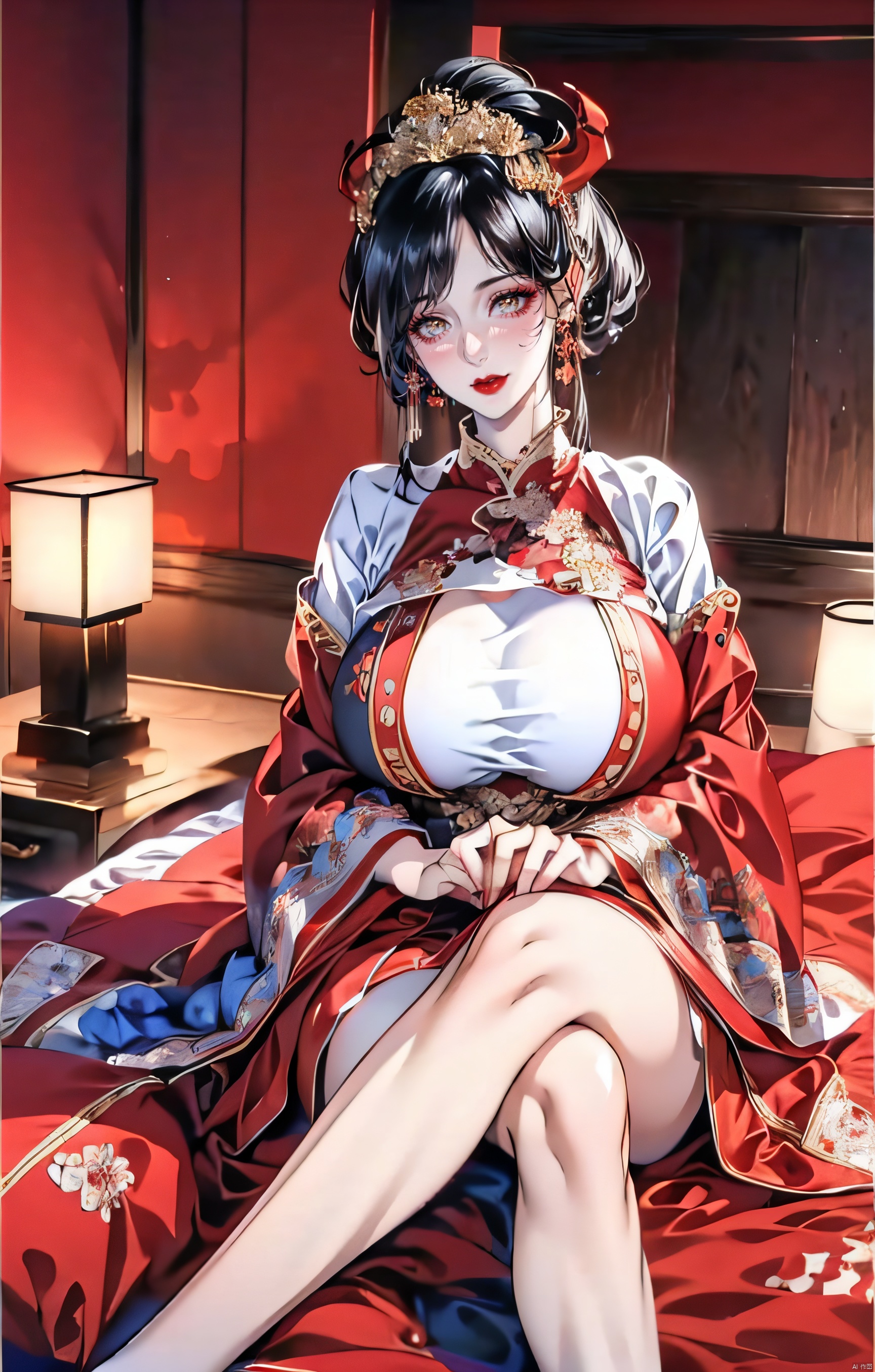  friedrich der grosse \(azur lane\),mature female, hair over one eye,very long hair,black hair,solo,sexy,full body,cleavage, (gigantic breasts:1.4),wide hips, narrow waist,,perfecter legs,perfecter finger,(longlegs:1.4),mf,red eyeshadow,Red and golden dress,tiara, (sitting on red bed), Blushing, Shy, Curtains, Earrings, Hair_decorations, interiors, jewelry, Redlip, (Red quilt), (red palace),red heels,sitting, holding,