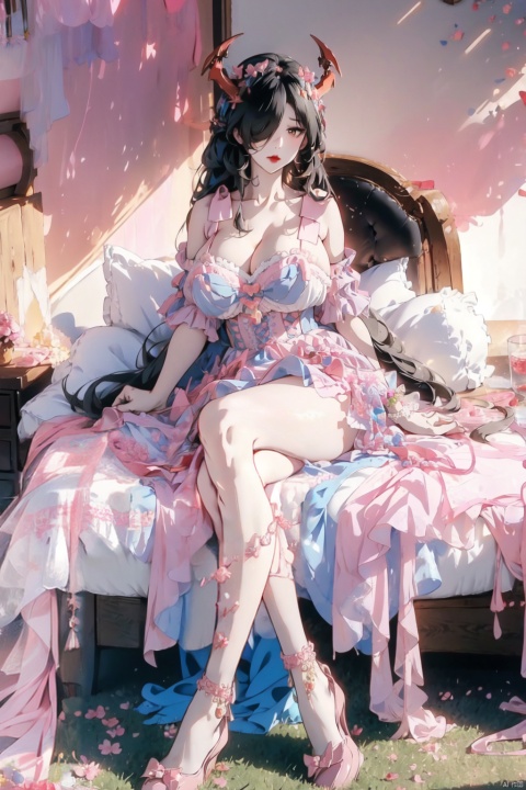  (masterpiece:1.2), best quality, friedrich der grosse \(azur lane\),red horns,mature female, hair over one eye,very long hair,black hair, twintails,solo,sexy,full body, (full body shot:1.2),(gigantic breasts:1.6),cleavage,wide hips, narrow waist,perfecter legs,perfecter finger,(longlegs:1.4),mf,bule bow,skirt,jewels,pink and blue dress,pink shoes, sweet_lolita,pink thigh strap,pink ribbon, red anklet,