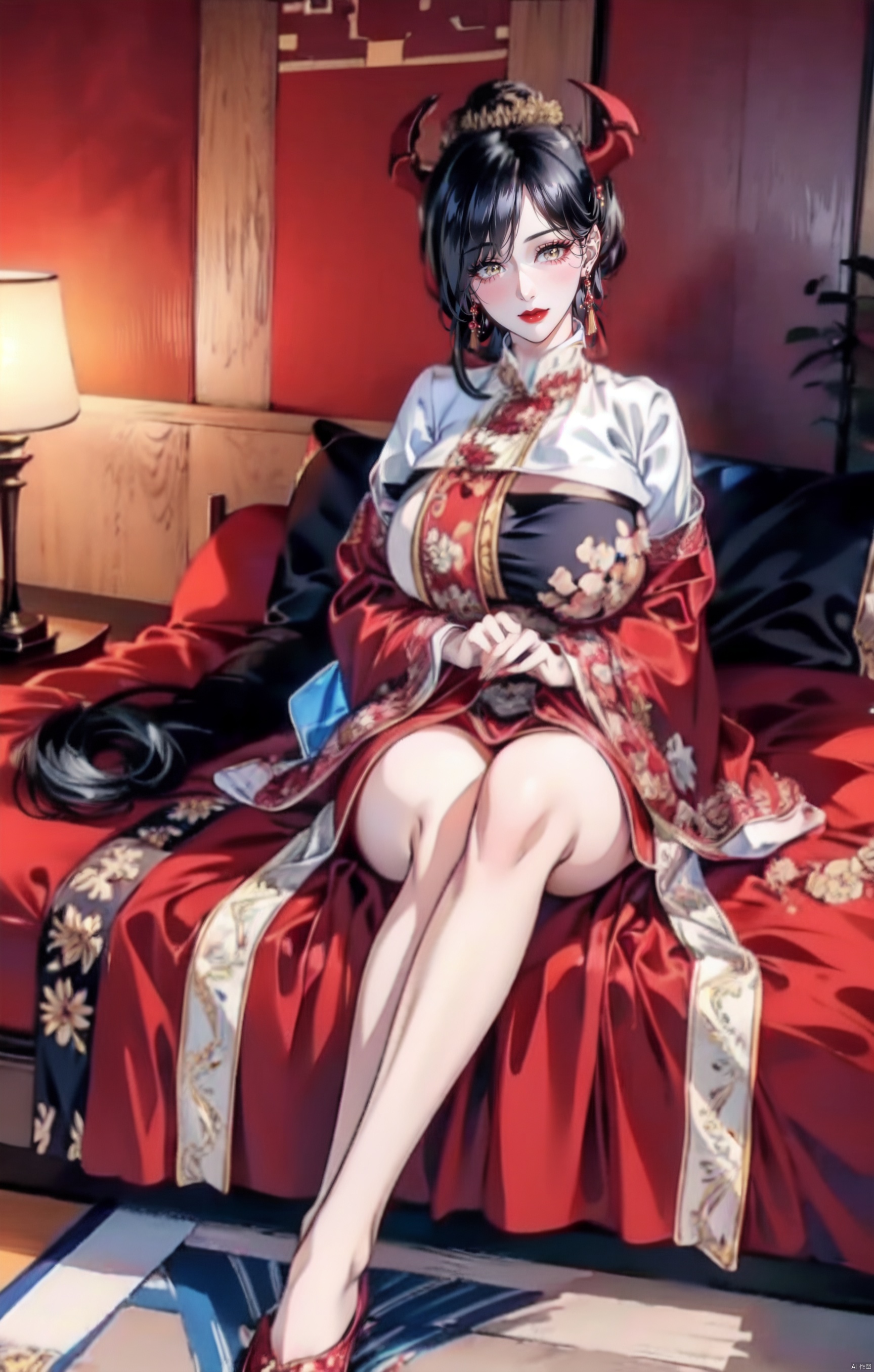  friedrich der grosse \(azur lane\),mature female, hair over one eye,very long hair,black hair,solo,sexy,full body,cleavage, (gigantic breasts:1.4),wide hips, narrow waist,,perfecter legs,perfecter finger,(longlegs:1.4),mf,red eyeshadow,Red and golden dress,tiara, (sitting on red bed), Blushing, Shy, Curtains, Earrings, Hair_decorations, interiors, jewelry, Redlip, (Red quilt), (red palace),red heels,sitting,