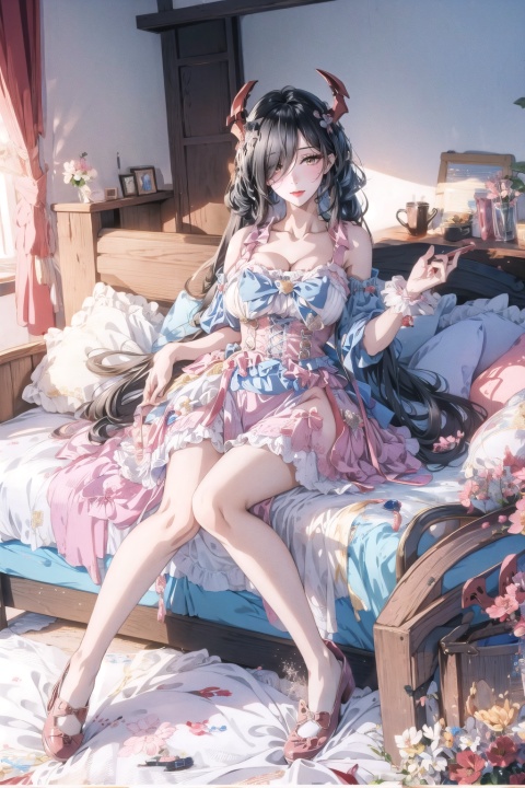  (masterpiece:1.2), best quality,PIXIV,ChihunHentai, friedrich der grosse \(azur lane\),mature female, hair over one eye,very long hair,black hair, twintails,solo,sexy,full body,(full body shot:1.4), Large Breasts,cleavage,wide hips, narrow waist, thickthighs,perfecter legs,perfecterfinger,(longlegs:1.4),mf,bule bow,skirt,pink dress,bule heels, best ratio four fingers and one thumb, sweet_lolita,