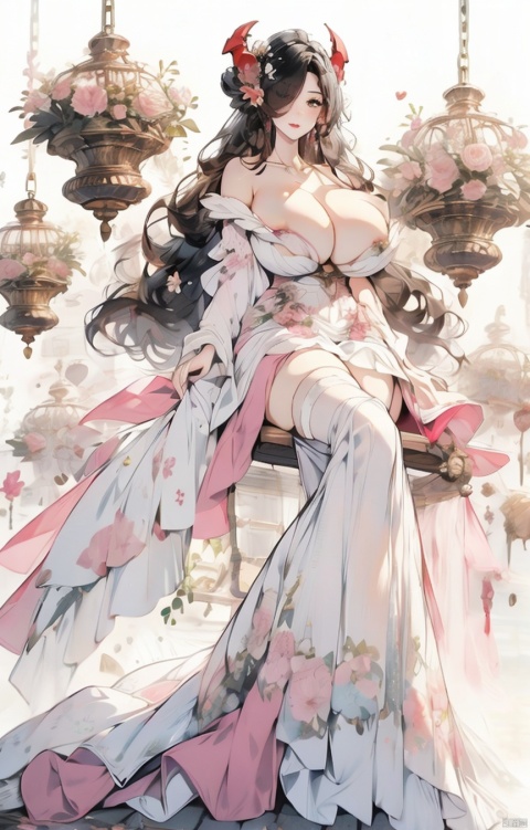  friedrich der grosse \(azur lane\),mature female, hair over one eye,very long hair,black hair,red horns,solo,sexy,full body,(gigantic breasts:1.8),cleavage,wide hipsp,narrow waist,perfecter legs,perfecter finger,(longlegs:1.4),mf,(masterpiece:1.2),best quality,PIXIV, fairy tale girl,dress,pink dress,pink highres,white thighhighs,jewelry, necklace,red anklet, collarbone, bare shoulders,flower,hair ornament,hair flower,pink thigh strap,pink ribbon, yunbin,throne, sitting, crossed legs, inside,
