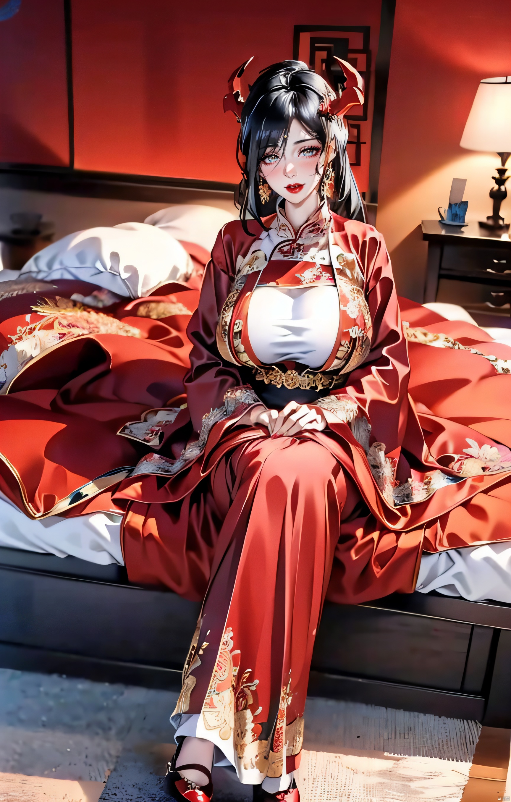  friedrich der grosse \(azur lane\),mature female, hair over one eye,very long hair,black hair,solo,sexy,full body,cleavage, (gigantic breasts:1.4),wide hips, narrow waist,,perfecter legs,perfecter finger,(longlegs:1.4),mf,red eyeshadow,Red and golden dress,tiara, (sitting on red bed), Blushing, Shy, Curtains, Earrings, Hair_decorations, interiors, jewelry, Redlip, (Red quilt), (red palace),red heels,sitting,