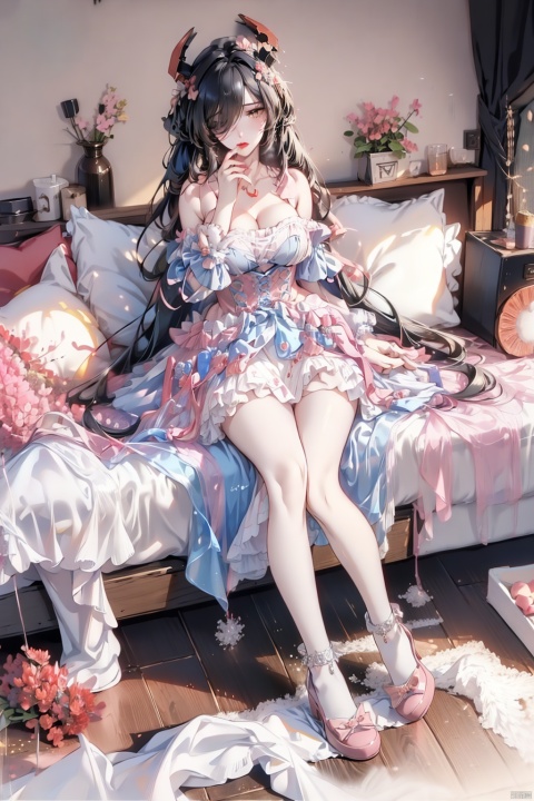  (masterpiece:1.2), best quality, friedrich der grosse \(azur lane\),mature female, hair over one eye,very long hair,black hair, twintails,solo,sexy,full body, (gigantic breasts:1.6),cleavage,wide hips, narrow waist, thickthighs,perfecter legs,perfecter finger,(longlegs:1.4),mf,bule bow,skirt,jewels,pink and blue dress,pink shoes, best ratio four fingers and one thumb,, sweet_lolita,pink thigh strap,pink ribbon, red anklet,