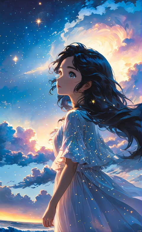  (masterpiece:1.3), (high quality), (best quality:1.2), highres, ultra-detailed, super detailed, extremely detailed, 4k, outdoors, 
(1 Girl Looking at the Sky: 1.8), Starry Night, (Night Sky, Dark Blue, Twinkling Stars) Gradually Turning into (Colored Sky, Dusk, Clouds Floating), (Hands Up: 1.2), (Full Body: 1.2), Cloudy, Standing, Horizon, Waves, (Back to Viewer: 1.5), Black Hair, White Dress, Fractal Art, Colorful, Illustration, (Wide Angle: 1.5), (Top View: 1.2), Polar Opposites, Shiny