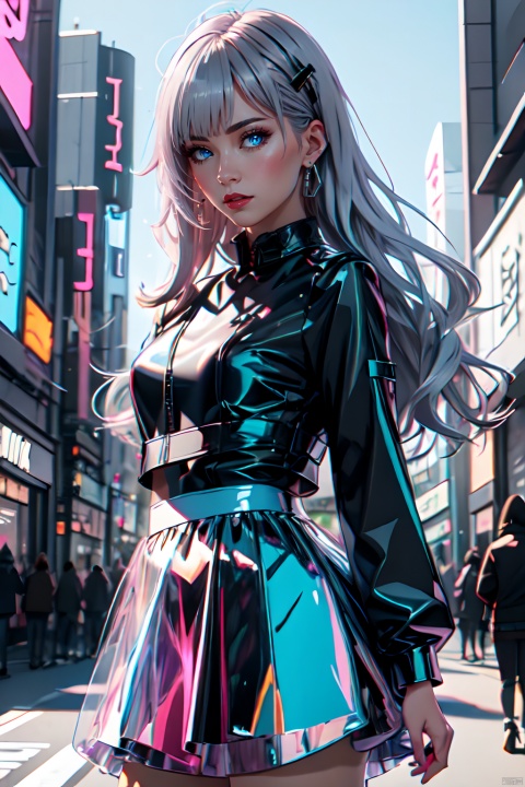  Clear Color PVC Clothing, Clear Color Vinyl Clothing, Prismatic Shape, Holographic, Color Difference, Fashion Illustration, Masterpiece, Girl with Harajuku Fashion, A Cute Girl, Long Silver Hair, Bangs, Blue Eyes, Short Skirt, 8k, Ultra Detail, Lida
