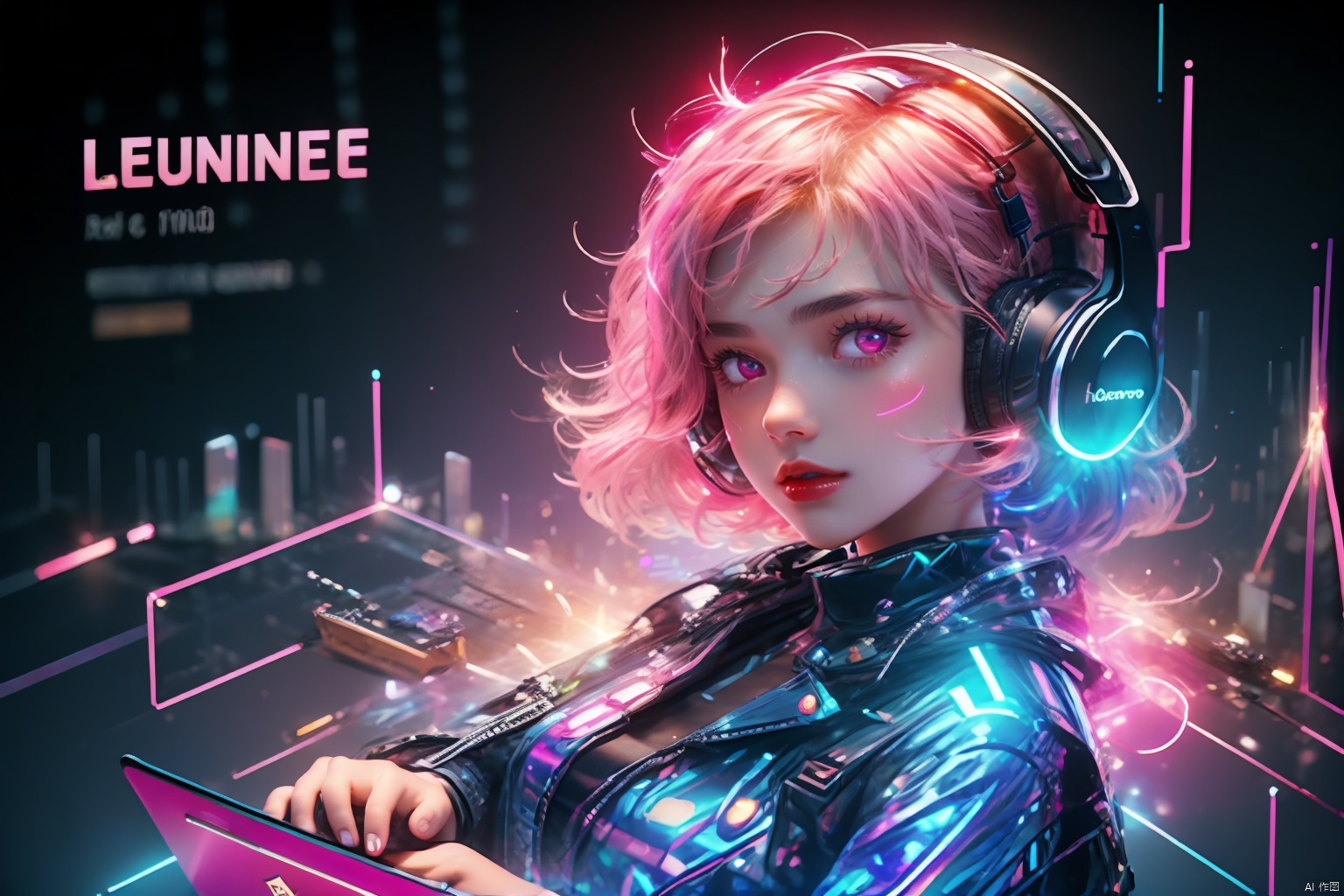  Masterpiece, Best Quality, Lenovo AIPC, Laptop: 1.4, ((Holographic Interface)), 1girl, Short Hair,（ Short Pink）, pink eyes,Punk, Cyber, Blur, （Mature-looking）, （sexy）, with red lips,full body,English Text, Glow, Headphones, Neon Decoration, ((ASCII Art)),
