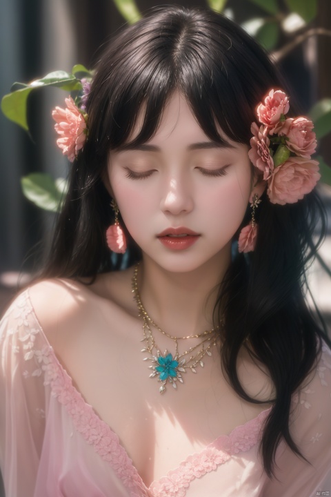  1girl,flower,solo,closed eyes,jewelry,black hair,makeup,long hair,necklace,earrings,pink flower,lipstick,red lips,facing viewer,,