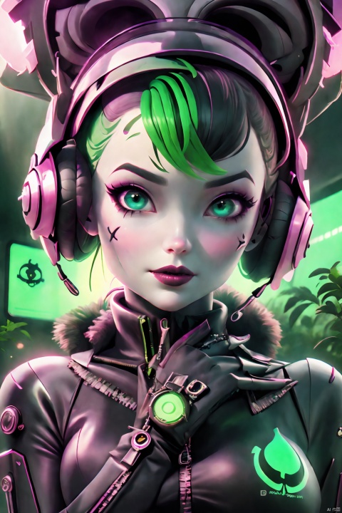  creepy Cyberpunk artwork inspired by Jack Skellington from The Nightmare Before Christmas, set in a futuristic fashion cyberpunk universe. Sexy, Emphasize her seductive allure, beautiful face, perfect eyes, perfect nose shape, perfect lips, perfect hands, vibrant green foliage