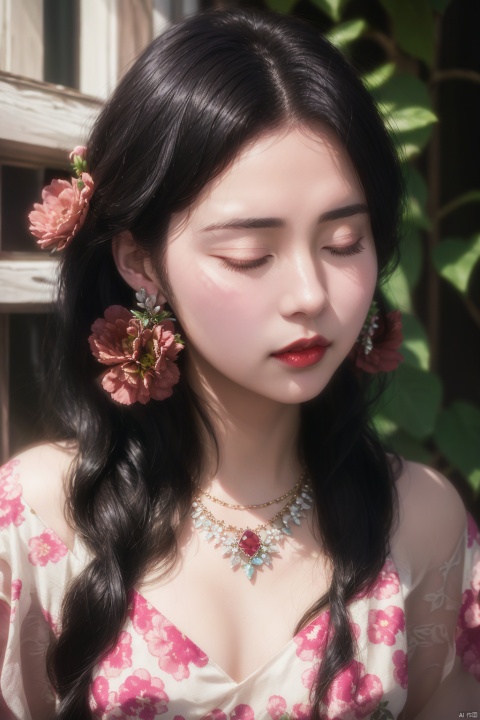  1girl,flower,solo,closed eyes,jewelry,black hair,makeup,long hair,necklace,earrings,pink flower,lipstick,red lips,facing viewer,,