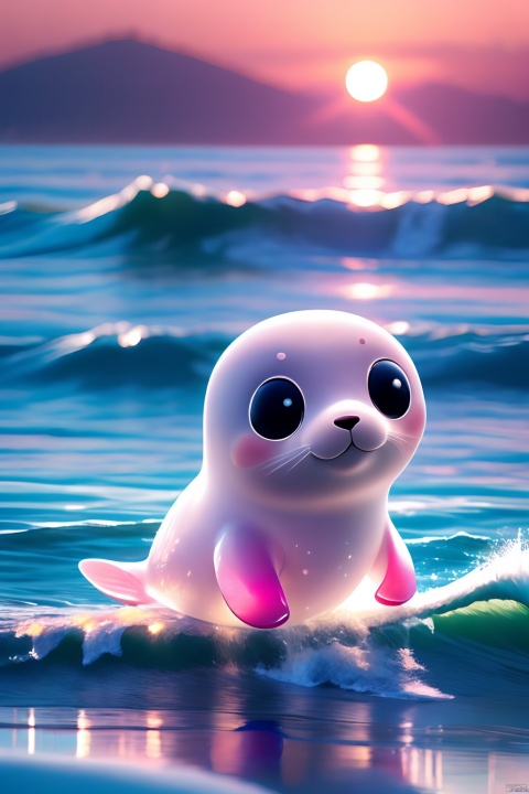  Cute pink seal, translucent pink pvc body,
Waves, sea water, surfboards, surfing, sunset, sunset