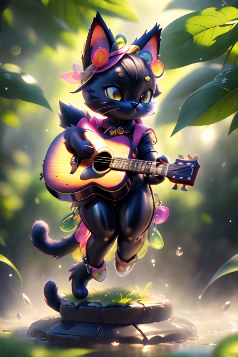  realistic detailed image, ((full body, the black cat plays the guitar)), lilligant, [sunny iridescence on dew drops], epic, cinematic photography with a clear focus, 16k hdr, volumetric lighting, depth of field, hyperrealism of fog and haze, bright colors and textures, unique patterns of nature as an artist, very stunning landscapes