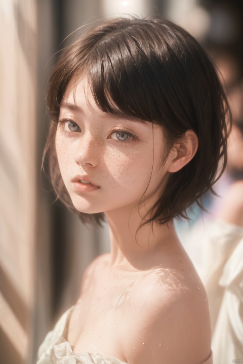  1 girl, looking at the audience alone, Flecks, shadows, short hair, Bangs, brown hair, black hair, bare shoulders, upper body, parted lips, lips, portraits, freckles, nose

