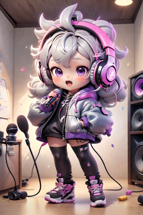  1girl, silver hair, purple eyes, headphones, music studio, singing into microphone, sound waves, extremely detailed
