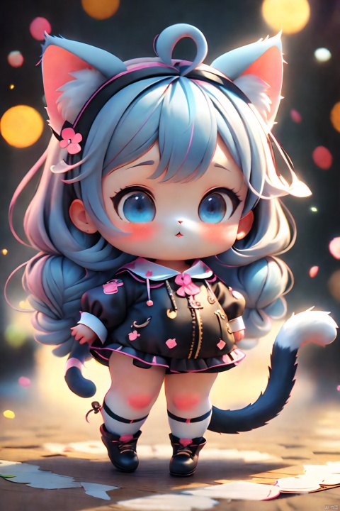  (masterpiece), (best quality), loli, backlight, Tyndall effect, Crepuscular Rays, blurry, blurry_foreground, depth_of_field, animal_ears, cat_ears, cat_tail, stuffed_cat, cat_girl, tail, long_hair, 1girl, blurry_background, striped_legwear, stuffed_toy, striped, stuffed_animal, blue_eyes, blue_hair, very_long_hair, hair_ornament, long_sleeves, collarbone, parted_lips, solo, bangs, hair_bobbles, blush, knees_up, looking_at_viewer, holding_stuffed_toy, holding
