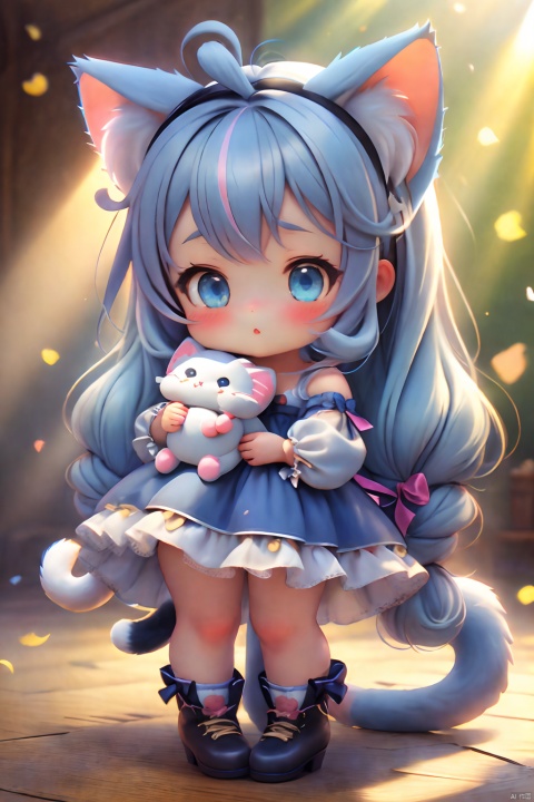  (masterpiece), (best quality), loli, backlight, Tyndall effect, Crepuscular Rays, blurry, blurry_foreground, depth_of_field, animal_ears, cat_ears, cat_tail, stuffed_cat, cat_girl, tail, long_hair, 1girl, blurry_background, striped_legwear, stuffed_toy, striped, stuffed_animal, blue_eyes, blue_hair, very_long_hair, hair_ornament, long_sleeves, collarbone, parted_lips, solo, bangs, hair_bobbles, blush, knees_up, looking_at_viewer, holding_stuffed_toy, holding
, 1