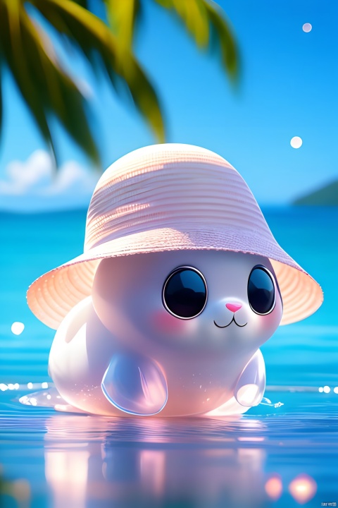  Cute pink seals on the beach, translucent bodies, sun hats, sunglasses, shells, coconut trees,
