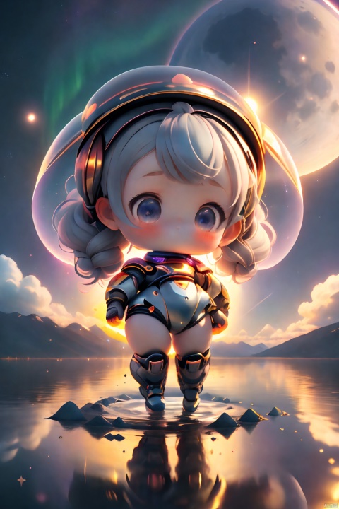  (masterpiece), (best quality), parameters (Highest picture quality), (Master's work),(Detailed eyes description),(Detailed face description),(Milky Way,Jupiter,Aldebaran behind the girl),bubble, fantastic,girl in star,full body, water surface,the water stretches as far as the eye can see. 1girl, (loli,little girl:1.25),wariza, aurora, cloud, cloudy_sky, constellation, crescent_moon, dusk, earth_\(planet\), fireflies,full_moon, galaxy, gradient_sky, horizon, light_particles,(planet),(reflection),skyline,space,sunset,water surface reflection
