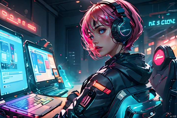  Masterpiece, Best Quality, Lenovo AIPC, Laptop: 1.4, ((Holographic Interface)), 1girl, Short Hair, Short Pink, Punk, Cyber, Blur, English Text, Glow, Headphones, Neon Decoration, ((ASCII Art)),
