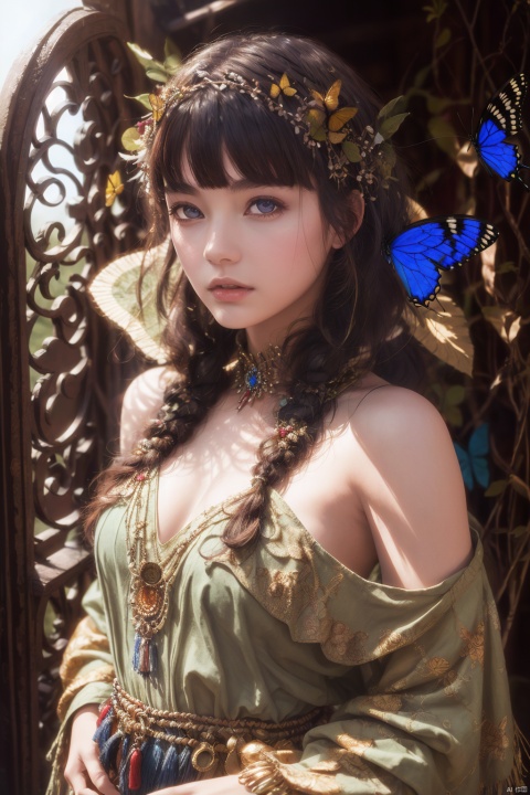  masterpiece,best quality,ultra-detailed,ultra high res,by cgart_firefly,1girl\(portrait, bohemian style, flowing dresses, layered clothing, earthy colors, fringe accessories, ethnic prints, natural fabrics\),(butterfly) BREAK artistic designs,cinematic,