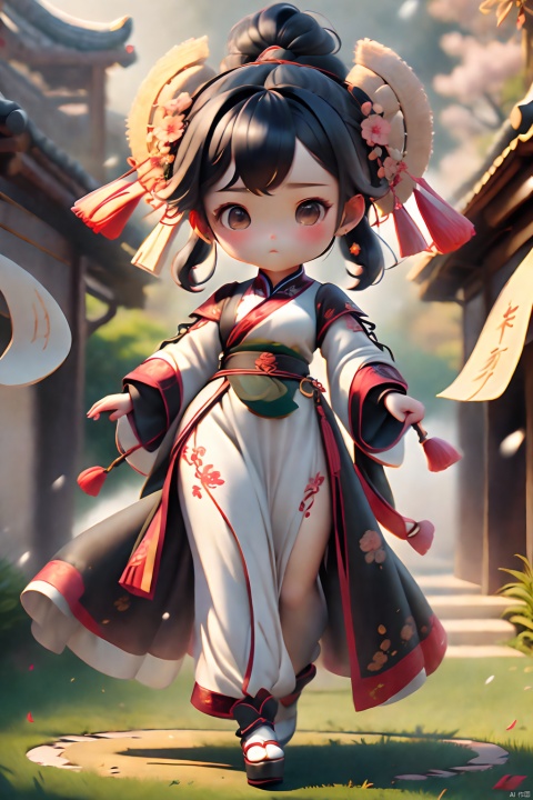  (masterpiece), (best quality), In ancient times, by the edge of a winter bamboo grove, there was a young girl dressed in Hanfu. She was quite youthful, with disheveled black hair, holding an unsheathed long knife. At her waist, she wore a gourd.

