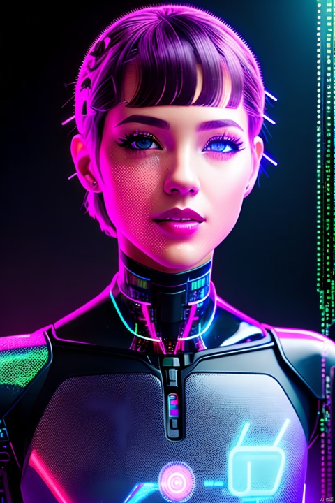  Lenovo AIPC,1girl,bangs,blue eyes,blunt bangs,bodysuit,cable,english text,eyelashes,fingernails,hand up,(holographic interface:1.6),joints,lips,looking at viewer,parted lips,pink lips,portrait,robot joints,(science fiction:1.2),short hair,solo,teeth,upper body,white hair,((ASCII art)),
