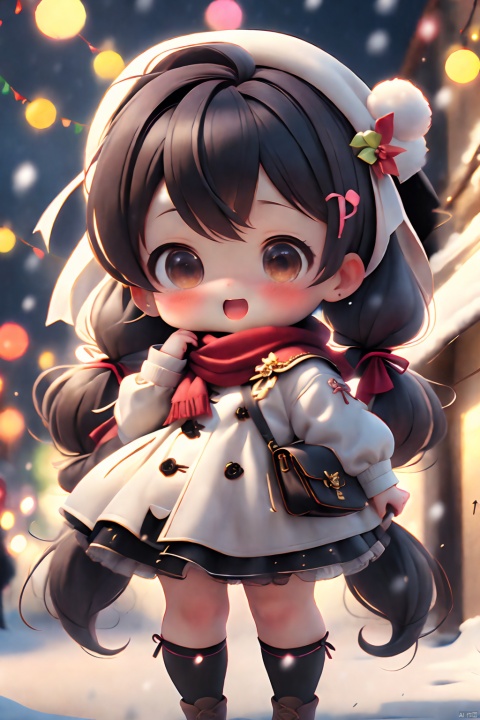  (masterpiece), (bestquality),loli,artist WERI, 1girl, red scarf, solo, scarf, long hair, brown eyes, smile, skirt, long sleeves, brown hair, very long hair, hair ornament, hairband, :d, bangs, looking at viewer, blurry, bag, blurry background, blush, fringe trim, jacket, hair between eyes, open mouth, outdoors, shoulder bag, black hairband, christmas tree, hairclip, christmas, white jacket, twintails, brown skirt, sleeves past wrists, x hair ornament, arm up, christmas lights, night, snowing, depth of field, low twintails, ribbon, hair ribbon, black skirt, black ribbon, shirt, white shirt
