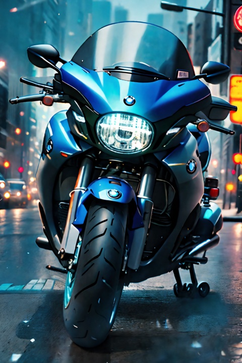  RAW phontograph of bmw bike, blue color,blue color bike, dark sky,cool, asthetic, spoilers,full bike in frame, full bike picture,highly detaited, 8k, 1000mp,ultra sharp, master peice, realistic,detailed grills, detailed headlights,4k grill, 4k headlights, neon city, great body kit,yhmotorbike