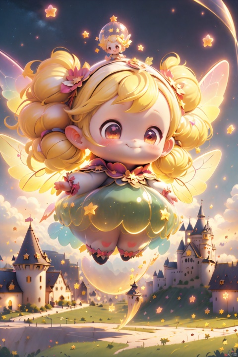  1girl, solo, stars, fairy wings, transparent film luminescent wings,dynamic angle, facing viewers, smile, sweet smile, happy, flying in the sky,night,floating light dot best quality,masterpiece,cute:1.2,yellow hair,red eyes,twintails,bangs,town,castle,