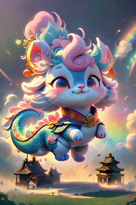  Masterpiece, high-quality, Pixar animated style, a cute Chinese dragon, cape, with a brilliant smile. Cotton candy material, its tail is like a cloud, and a rainbow cloud floats on its head. Pink flowers, pink sky, soft light, POV perspective, rich details, realistic details, light blue or light red, strong close-up, surrealistic illustrations,
